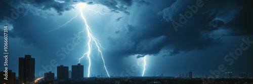 Lightning strikes over a city skyline during a thunderstorm photo