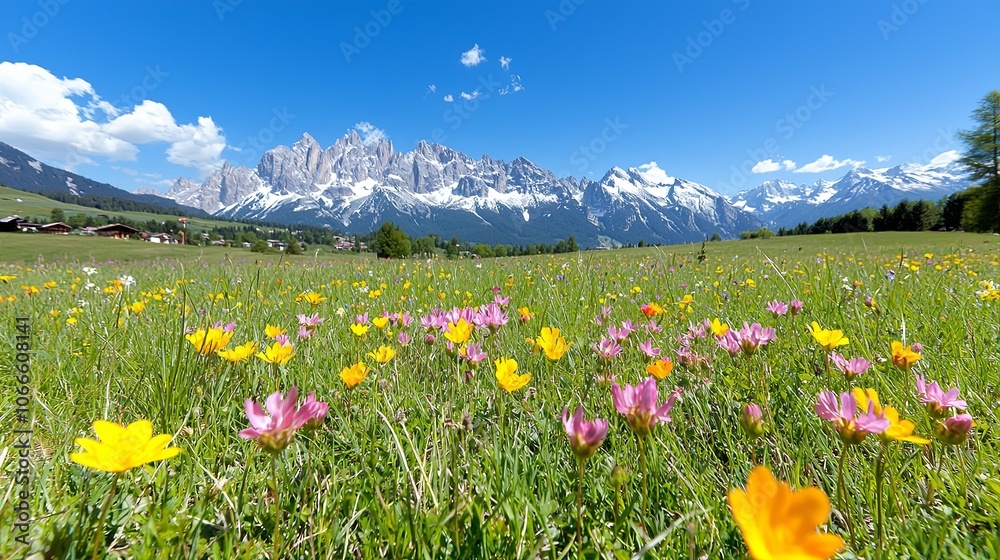 Fototapeta premium Tranquil Alpine Meadow with Wildflowers Under Blue Sky