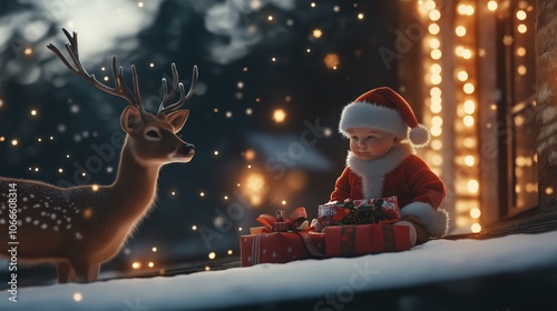 Cute little infant dressed in a Santa Claus costume sitting on the roof of a house with gifts photo