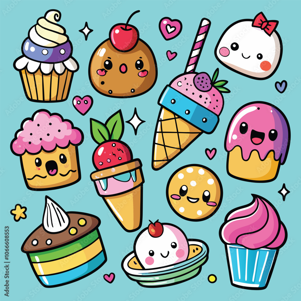 Sticker Set Of Cute Cartoon Ice Cream And Cake Stickers Featuring Various Desserts With Happy Expressions ice cream set Sticker Set Of Cute Cartoon Ice Cream And Cake Stickers Featuring Various Desserts With Happy Expressions ice cream set