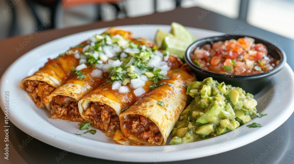 Delicious Flautas with Avocado and Salsa on Plate Delicious Flautas with Avocado and Salsa on Plate