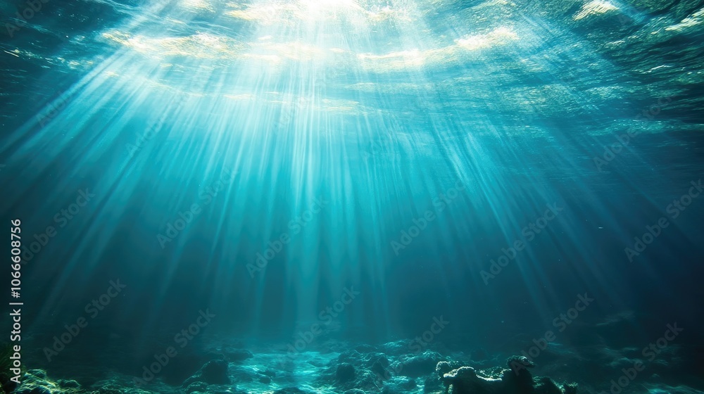 Sunlight streams through water producing a captivating underwater ambiance Sunlight streams through water producing a captivating underwater ambiance