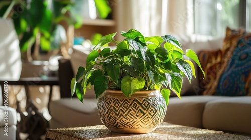 Tropical Rhaphidophora Tetrasperma houseplant in a decorative pot placed on a table within a bohemian style living space photo