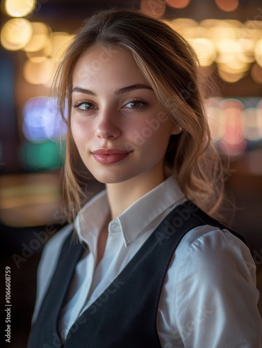 Close-up portrait photo of a stylish attractive female casino croupier with model-like features