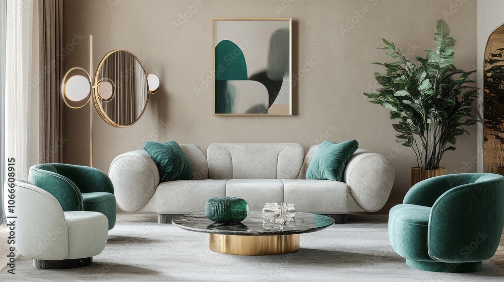 Obraz premium Modern Living Room with Green Accents and Geometric Artwork