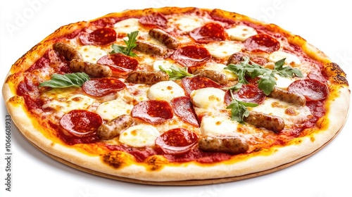 Tasty pizza topped with salami sausages mozzarella and tomato sauce set against a white background