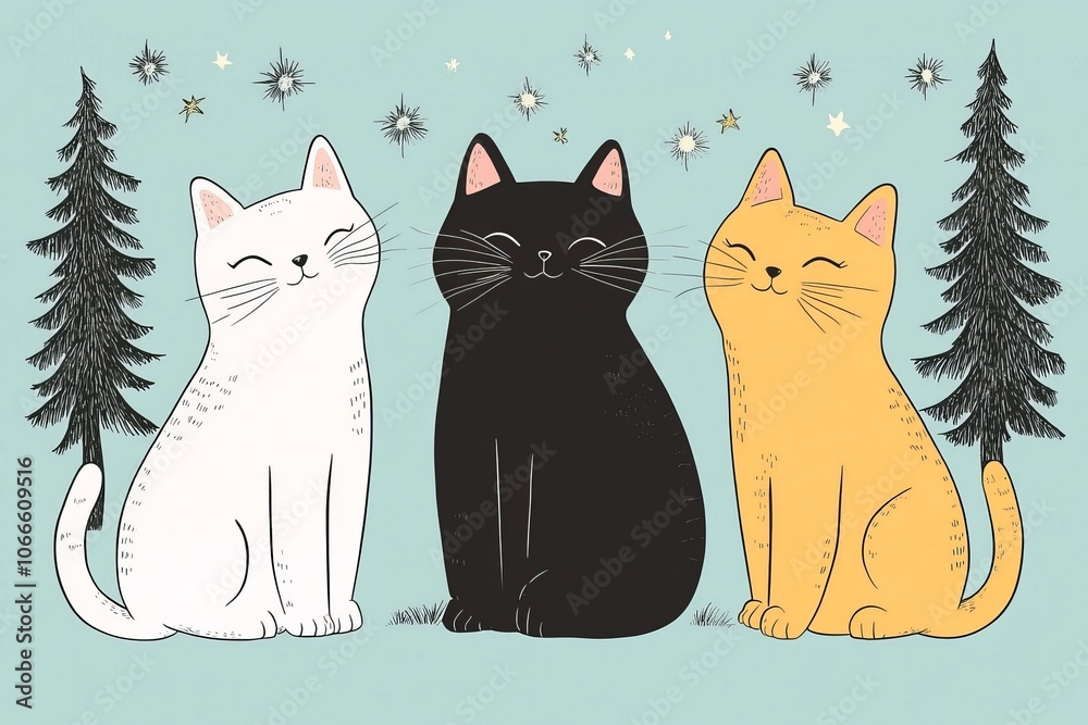 A whimsical background surrounds an illustration of three adorable cats. A whimsical background surrounds an illustration of three adorable cats.