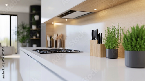 Cocina moderna con plantas decorativas, soporte de cuchillos y encimera blanca en estilo minimalista. photo