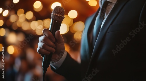 Elegant Aura White Man in formal suit with microphone, giving speech to crowd 