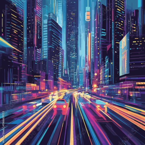 Night city with high-rise buildings and road. Vector illustration. 