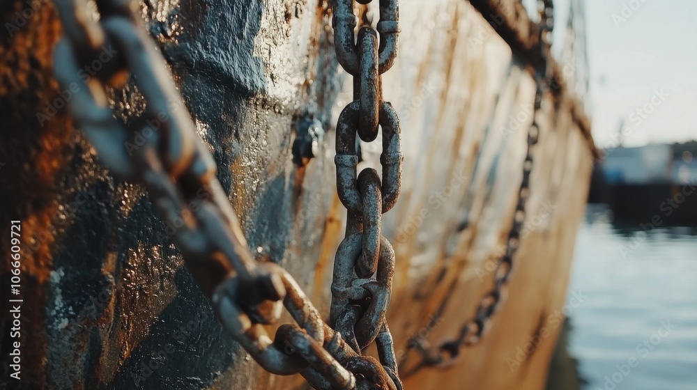 Chains are closely arranged on a dock, showcasing significant rust and wear. The dull colors reflect exposure to harsh maritime elements. Chains are closely arranged on a dock, showcasing significant rust and wear. The dull colors reflect exposure to harsh maritime elements.