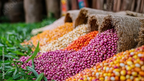 Vibrantly colored corn seeds prepared for planting on lush grass with a wooden backdrop Treated with pink chemicals for protection against pests and diseases