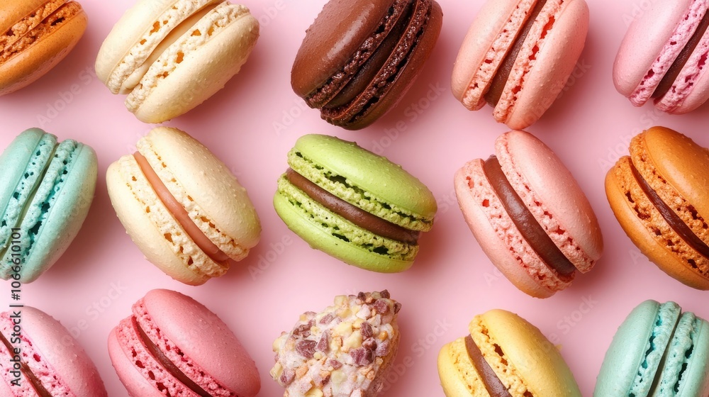 Vibrant macaron mockup on a soft pink pastel background captured from above Flat lay arrangement Vibrant macaron mockup on a soft pink pastel background captured from above Flat lay arrangement