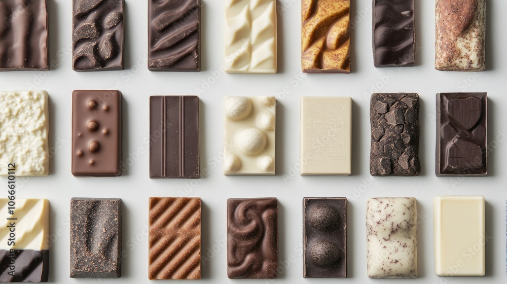 Variety of chocolate bars featuring diverse shapes and sizes Variety of chocolate bars featuring diverse shapes and sizes