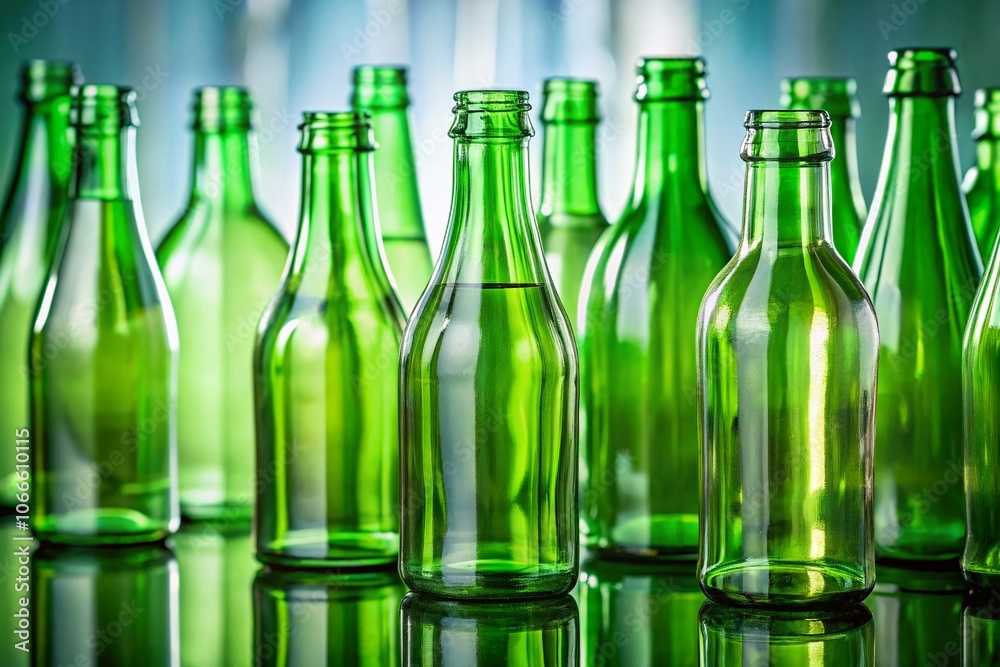 Collection of Empty Green Glass Bottles Isolated on Transparent Background for Minimalist Photography and Eco-Friendly Design Concepts