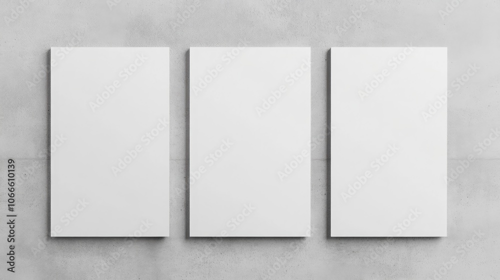Three blank white vertical poster mockups with subtle shadows set against a light grey concrete wall background Flat lay perspective Three blank white vertical poster mockups with subtle shadows set against a light grey concrete wall background Flat lay perspective