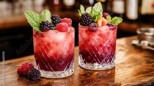Two berry cocktails served in glasses decorated with fresh mint leaves and a variety of berries placed on a wooden surface photo