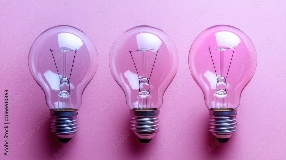 Three light bulbs on a pastel pink abstract backdrop LED bulbs showcase a minimalist energy efficient concept reflecting green energy and technology Three light bulbs on a pastel pink abstract backdrop LED bulbs showcase a minimalist energy efficient concept reflecting green energy and technology