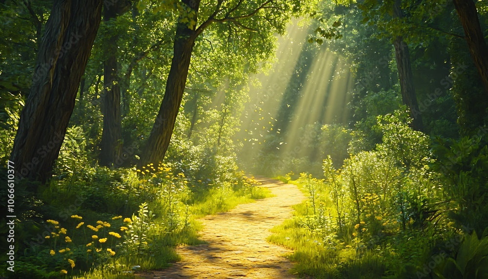 Obraz premium A peaceful forest path bathed in sunlight symbolizing the journey of unity and cooperation