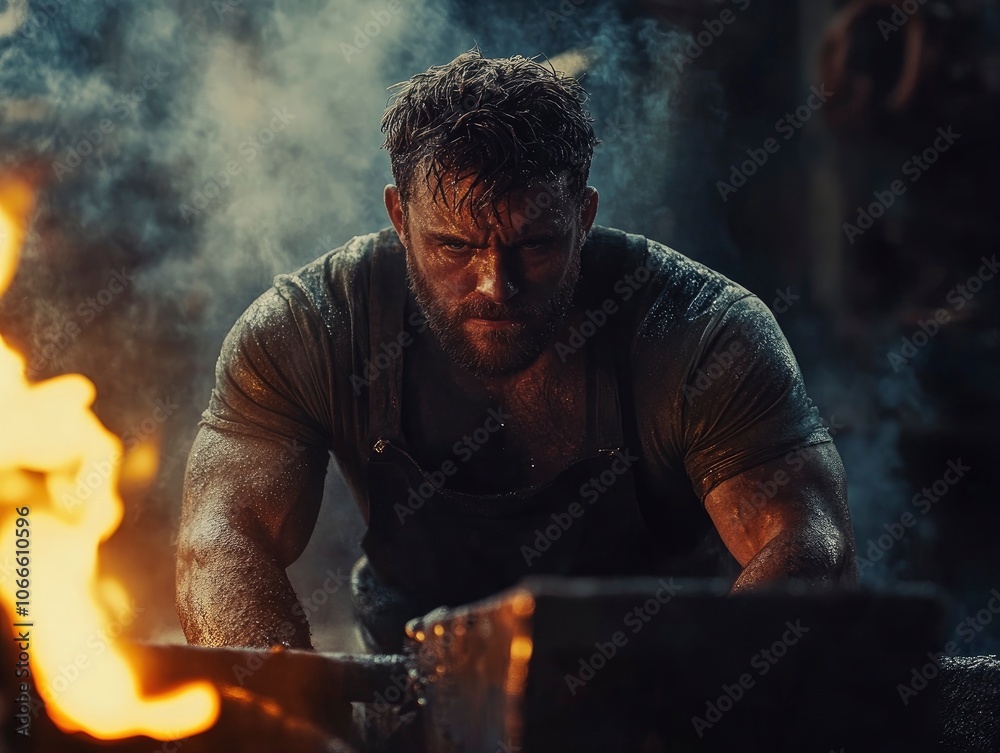 Blacksmith model looking male portrait in a dimly lit forge, hammering hot metal on an anvil Blacksmith model looking male portrait in a dimly lit forge, hammering hot metal on an anvil