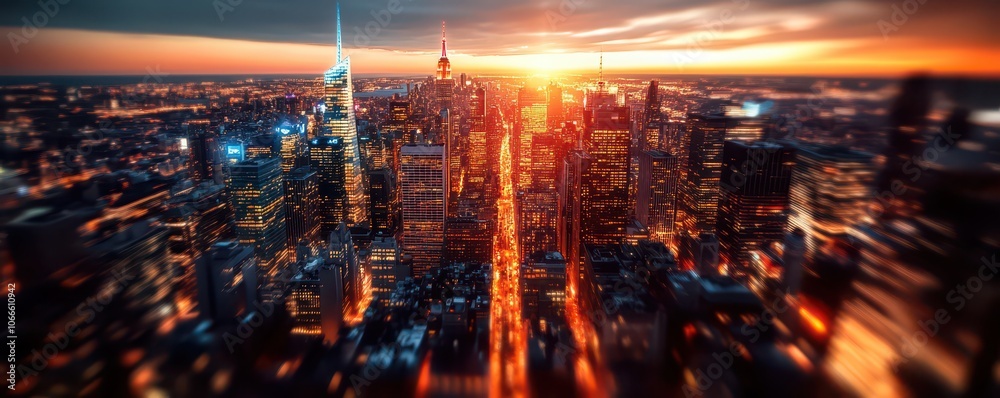 Naklejka premium Vibrant cityscape at sunset, showcasing illuminated skyscrapers against a colorful sky.