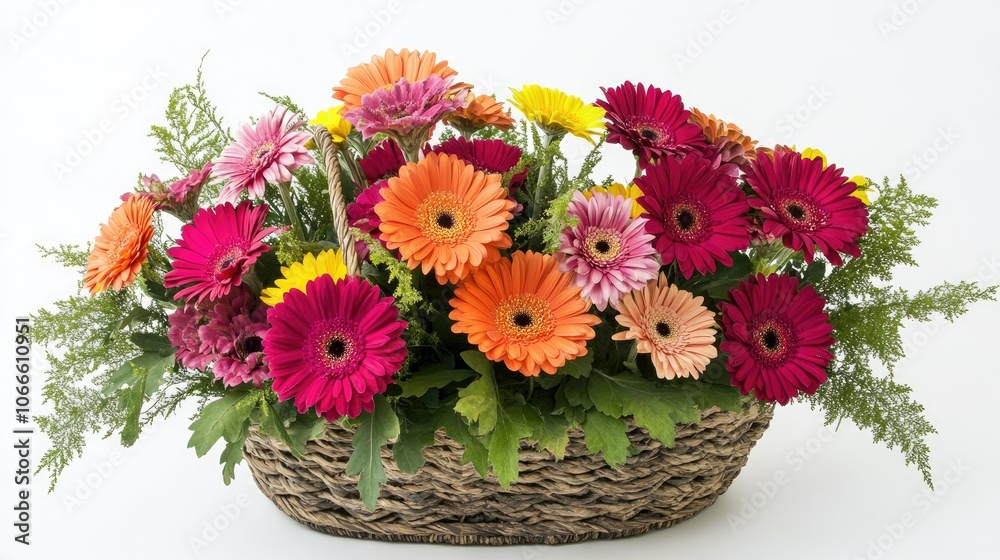 Obraz premium Vibrant assortment of gerbera flowers arranged in a basket set against a white background