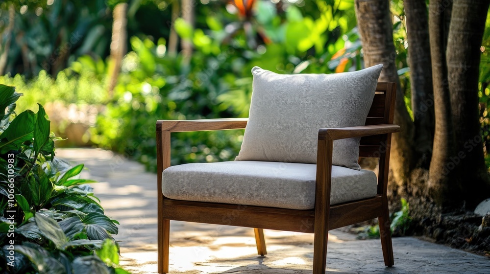 Stylish wooden chair featuring plush cushions ideal for outdoor relaxation amid vibrant greenery Stylish wooden chair featuring plush cushions ideal for outdoor relaxation amid vibrant greenery