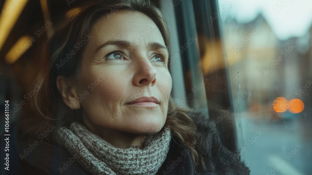 A woman with a scarf on her neck is looking out the window of a train