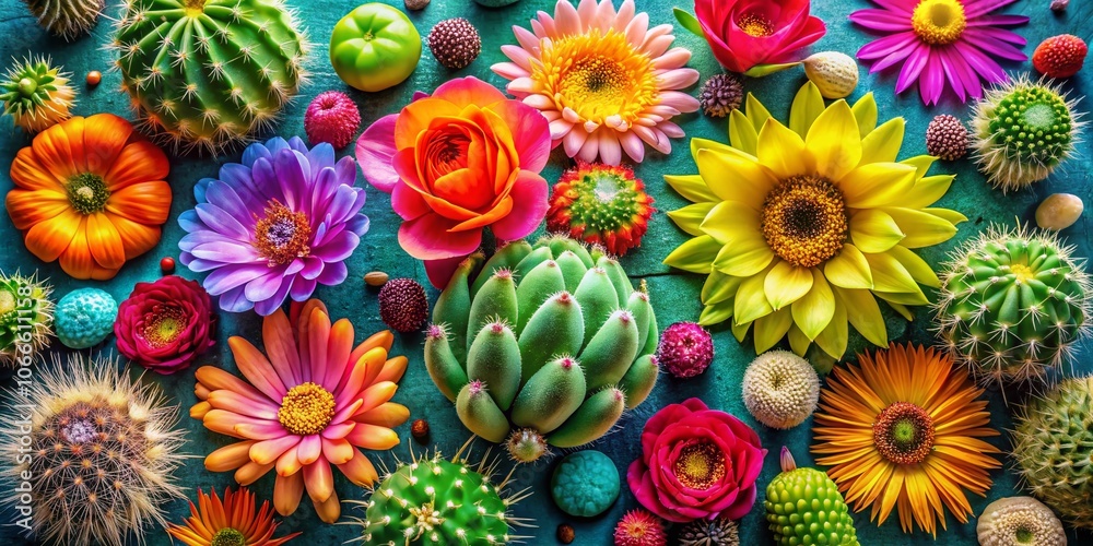 Colorful Cactus Plants and Vibrant Flower Bouquet - Stunning Food Photography for Home Decor and Garden Lovers