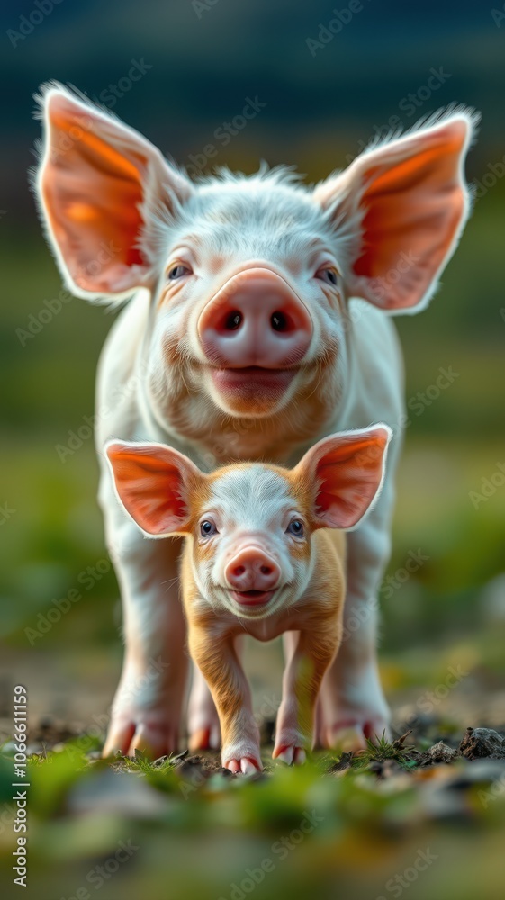 A mother pig and her piglet stand together in a field, both smiling and looking directly at the camera A mother pig and her piglet stand together in a field, both smiling and looking directly at the camera