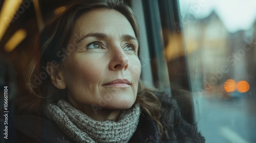 A woman with a scarf on her neck is looking out the window of a train