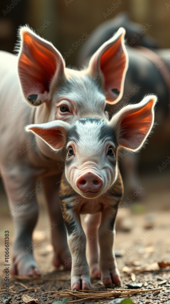A young piglet stands in front of its mother, both looking directly at the camera A young piglet stands in front of its mother, both looking directly at the camera