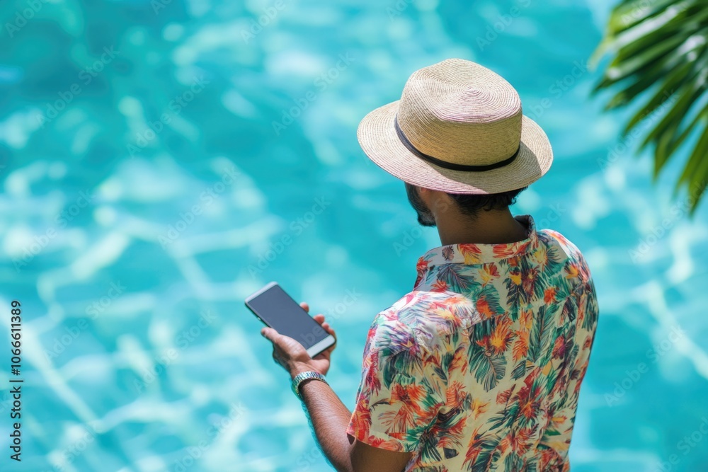 Fototapeta premium A person wearing a hat is examining their smartphone