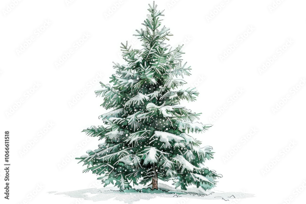A Christmas tree covered in snow against a white background A Christmas tree covered in snow against a white background