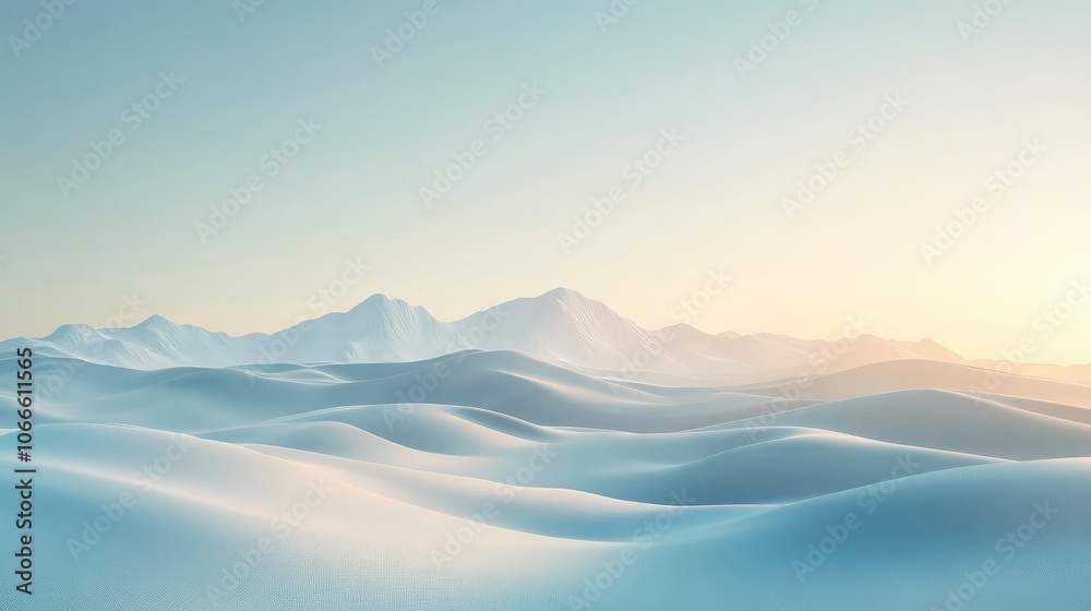 Minimalist landscape of a snow covered mountain range with a clear blue sky.