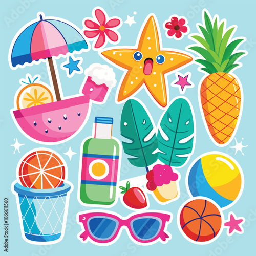 Summer sticker set. Summer element sticker. Summer holiday beach summer icons set