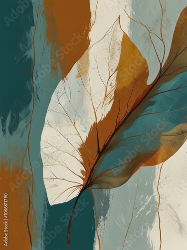Modern Abstract Art Featuring Tranquil Leaves in Teal Turquoise and Golden Hues
