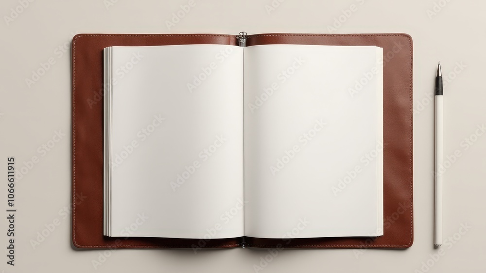 Professional presentation folder mockup, open with blank pages and stitching detail for a refined look Professional presentation folder mockup, open with blank pages and stitching detail for a refined look