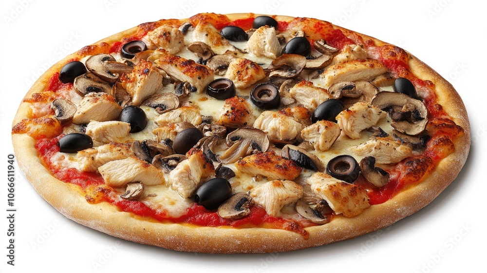 Tasty pizza topped with chicken mushrooms olives mozzarella and tomato sauce set against a clean white background