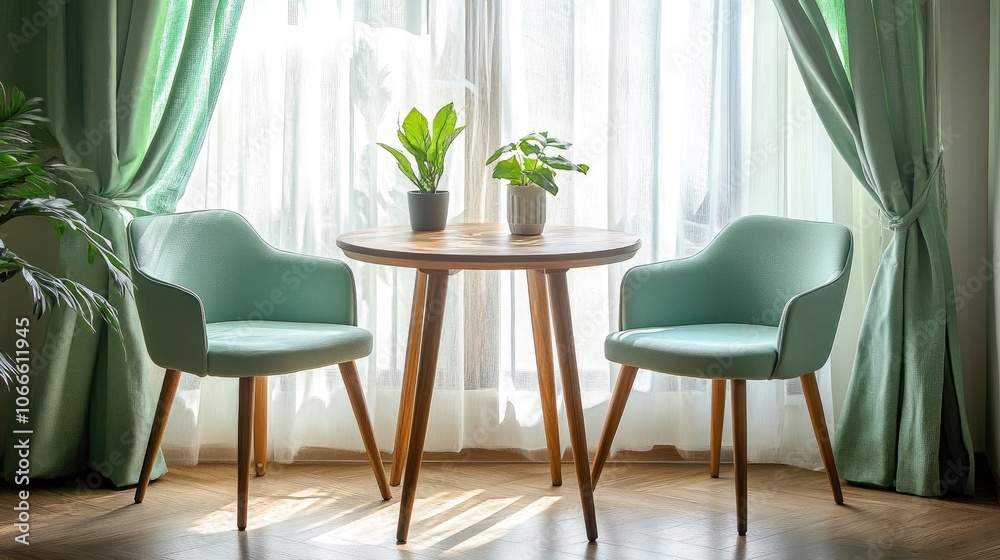 Two mint colored chairs surround a round wooden dining table near a window adorned with light green and white curtains showcasing a modern Scandinavian interior design Two mint colored chairs surround a round wooden dining table near a window adorned with light green and white curtains showcasing a modern Scandinavian interior design