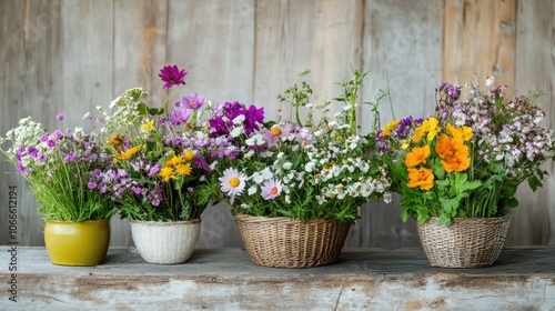 Still life featuring a bouquet of wildflowers arranged on a wooden table photo