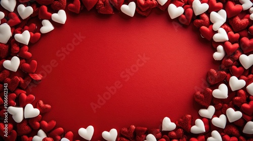 Valentine s themed red backdrop adorned with red and white hearts creating a frame for text Aerial perspective offers plenty of space for messaging photo