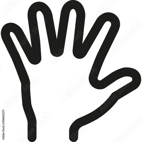 A simple black hand silhouette on a white background depicting an open palm raised, possibly symbolizing greeting or communication