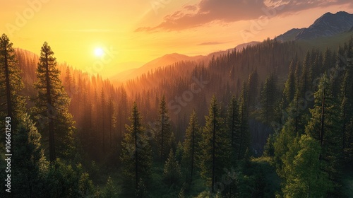 The sun sets over a forested mountain scene