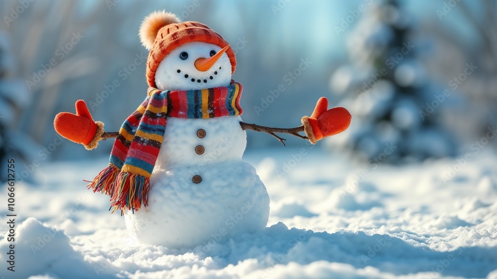 Obraz premium Cheerful snowman wearing bright scarf and gloves in winter snowy landscape