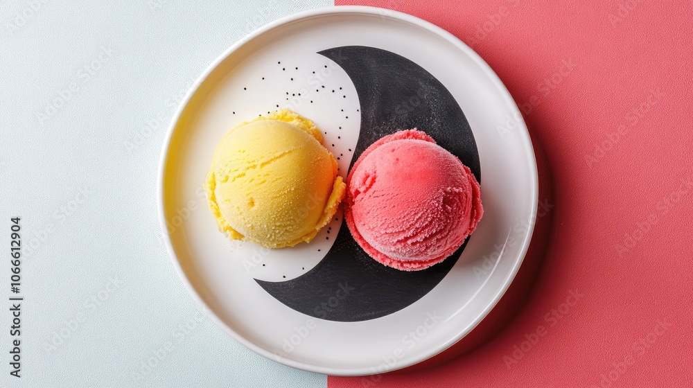 Two plates of fresh homemade fruit ice cream on a duotone background representing the concept of yin and yang Two plates of fresh homemade fruit ice cream on a duotone background representing the concept of yin and yang