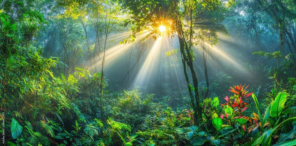 Obraz premium Sun Rays in a Lush Rainforest.
