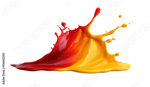 Red and yellow paint splash, vibrant and dynamic artistic liquid blending, isolated on transparent background, abstract element for creative and design projects