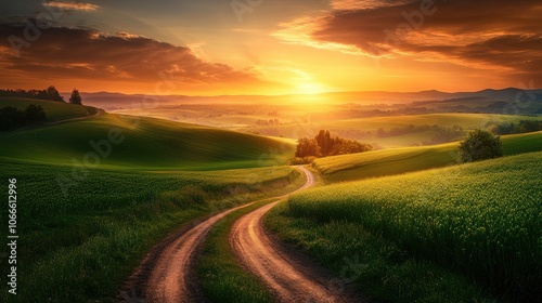 Sunset illuminating lush green hills with a dirt road stretching into the distant countryside