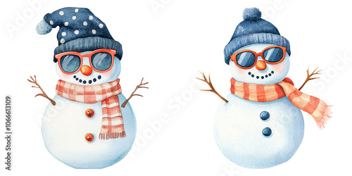 Two cheerful snowmen wearing hats and sunglasses, each with a colorful scarf, set against isolated on white background, embodying a playful winter spirit., transparent background.